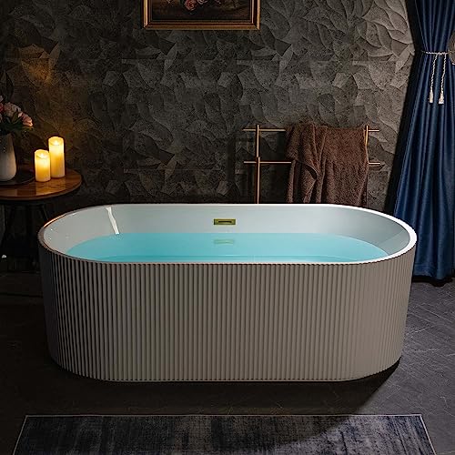 WOODBRIDGE 67" L x 31-1/2" W Freestanding Contemporary Soaking Bathtub,Unique Pleated Design,with Brushed Gold Pop-Up Drain Drain and Overflow Option, White,B1526-BG
