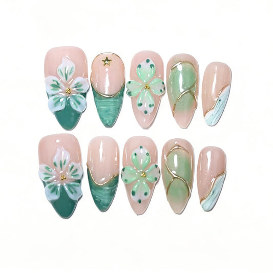 10Pcs Medium Almond Handmade Press On Nails | Easy Apply & Remove, Reusable Salon Quality Nails | Fresh Nude & Green Fake Nails with 3D Floral, Gold Star & Line Accents (5U09, S)