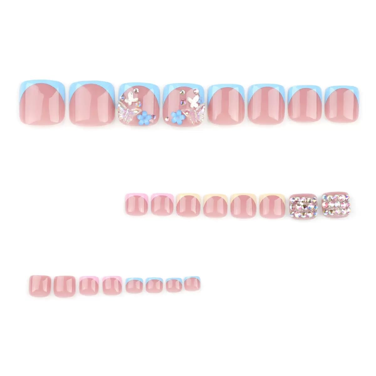 CTTHNBD Press on Toenails Short - Summer Fake Toenails with Butterfly Flower Charms Design - French Tip Press on Toenails for Women 24 Pcs