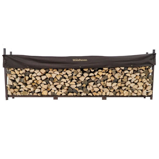 Woodhaven 12-Foot Brown Firewood Rack – American Brand – 3/4 Cord Raised Lumber Storage Rack – Keeps Wood Dry & Ready – Heavy-Duty Steel, Lifetime Structural Warranty (With Cover)