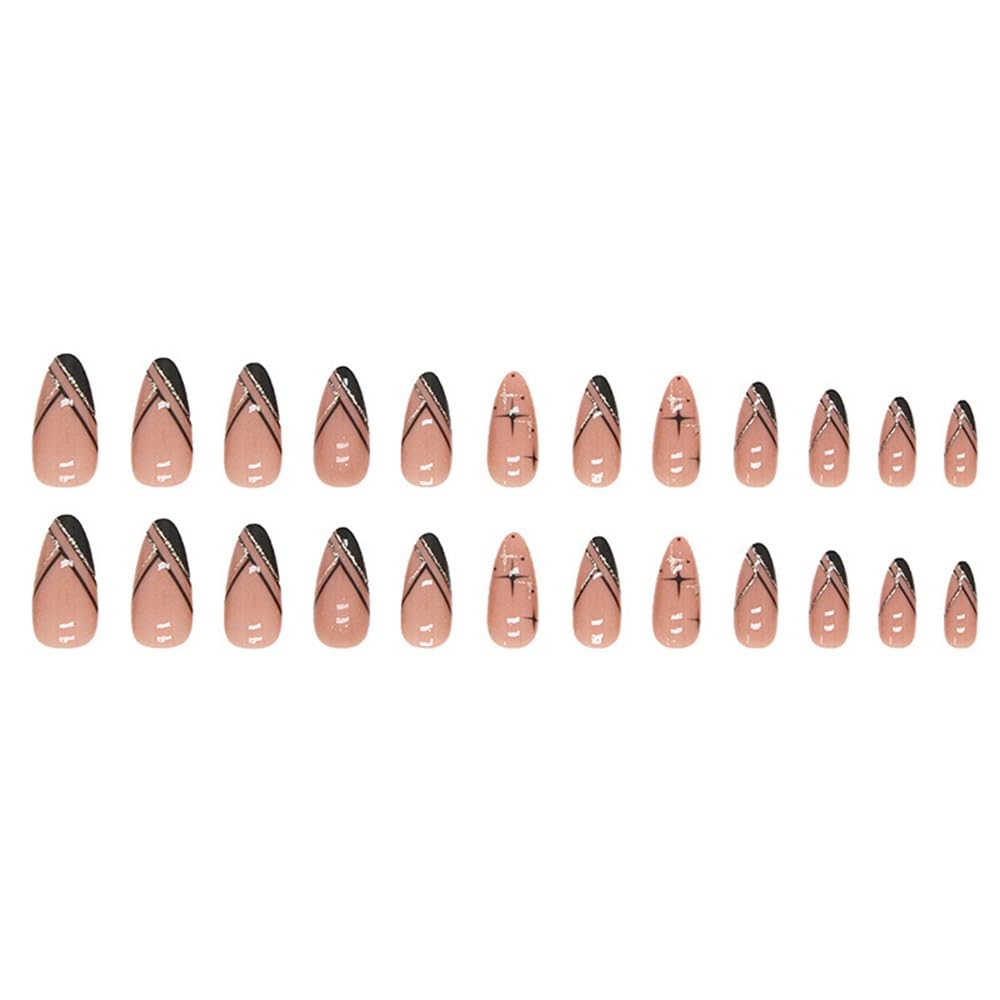 Medium Press on Nails Almond - French Tip Fake Nails with Black Line Design - Glitter, Star Full Cover Stick on False Nails for Women 24 Pcs