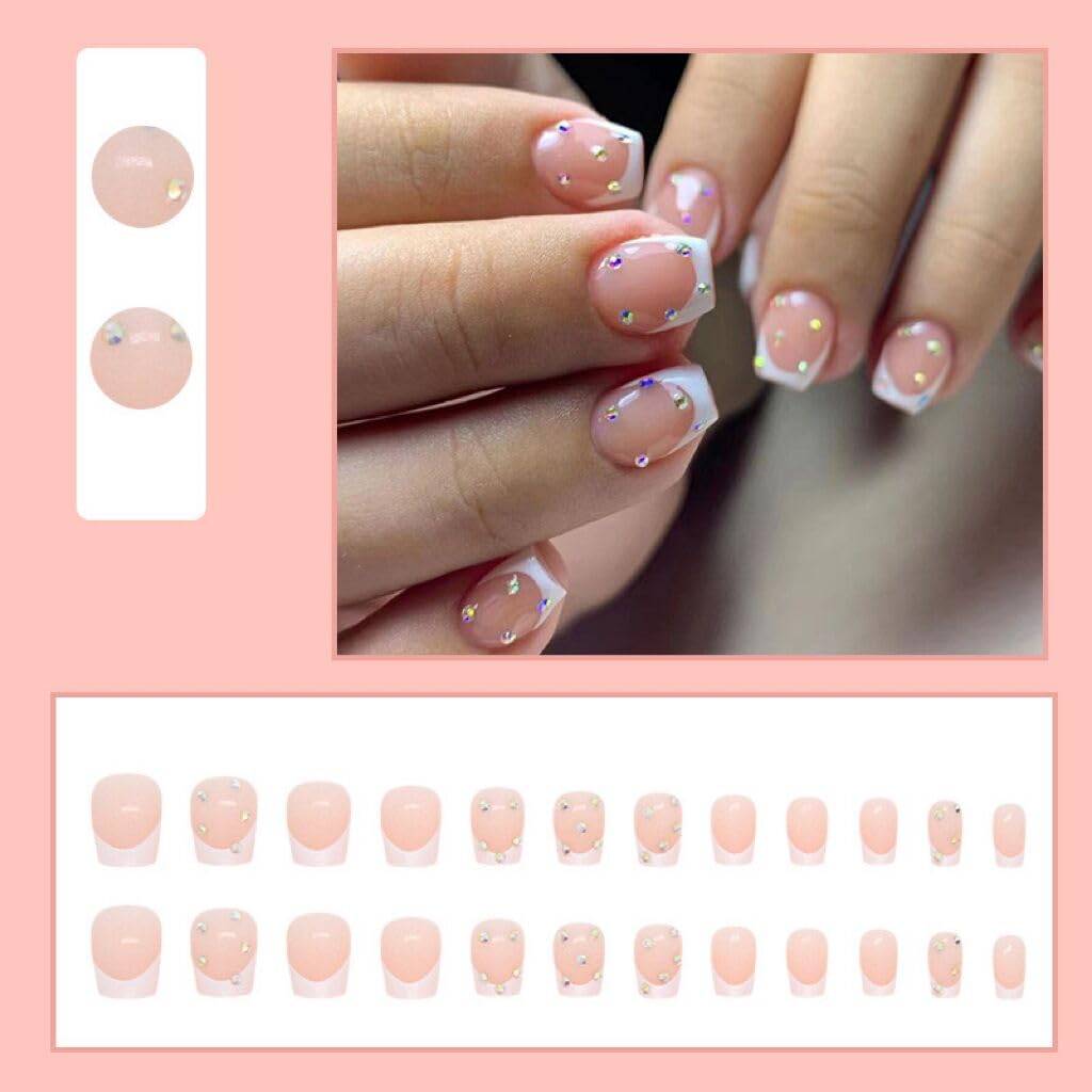 CTTHNBD Extra Short Press on Nails - Square Fake Nails with Rhinestone Design - White French Tip Full Cover Stick on Nails - for Women 24 Pcs