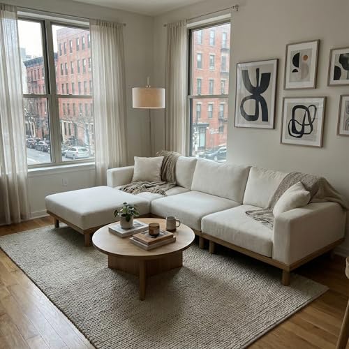 Acanva Minimalist Modular Sectional Sofa for Living Room, Wide & Deep Seat Convertible Furniture Set with Metal Frame and Movable Covers, L-Shaped Couch, Off White