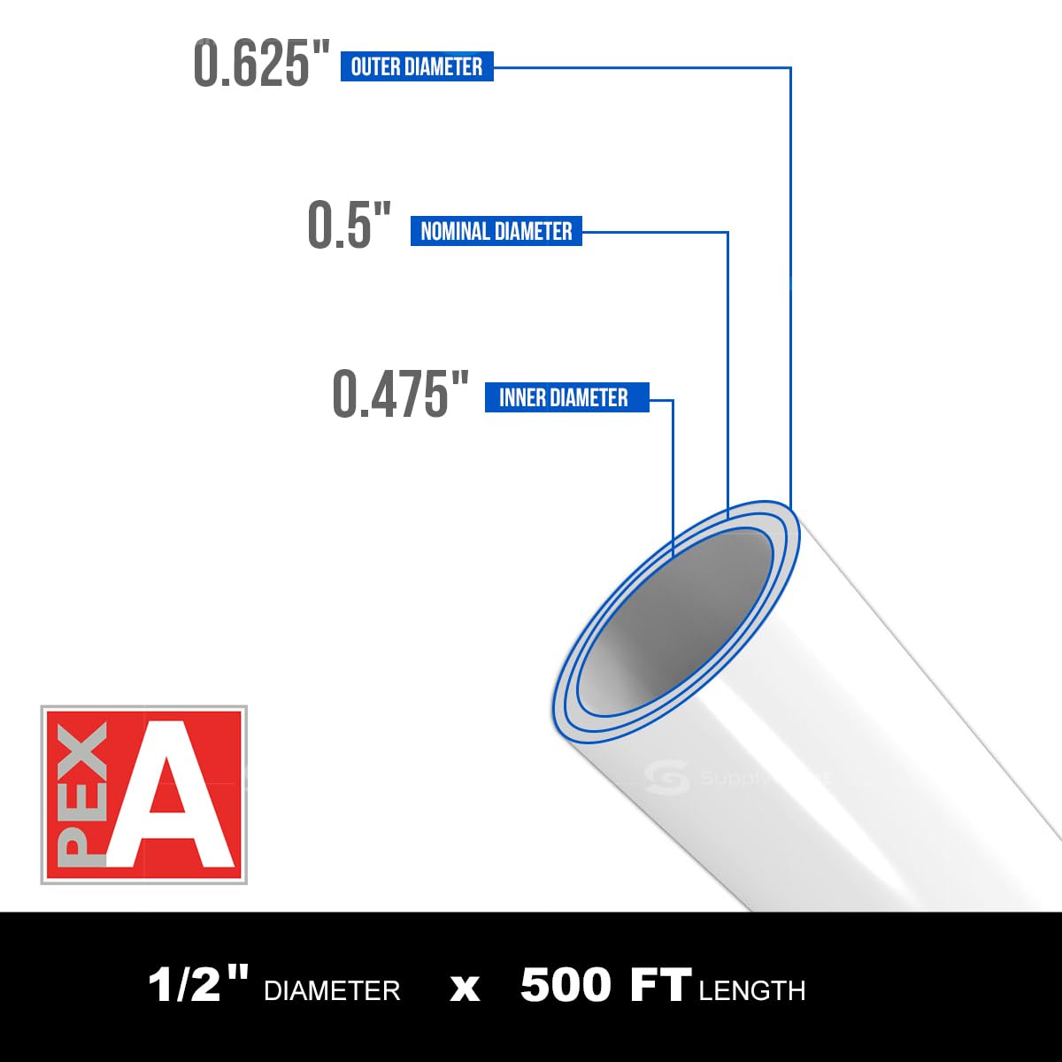 Pex-A 1/2 Inch x 500 Feet PEX Pipe, Oxygen Barrier Flexible Water Tubing for Hydronic Radiant Floor Heating, 1/2" PEX Tubing Coil, White