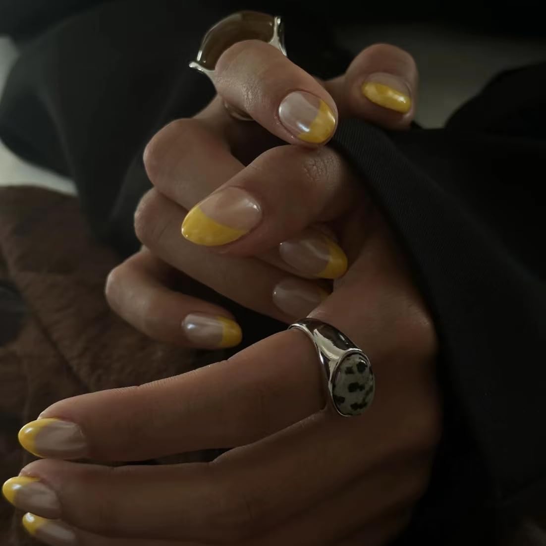 Handmade Press on Nails Short Fake Nails French Acrylic Full Cover False Nails for Women and Girls 10PCS (Yellow French) (MT-108, M)