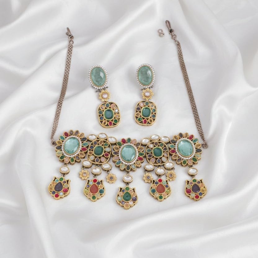 Sweetheart Jewel Royal Bloom Gold Plated Kundan Choker Necklace & Earring – Sabyasachi Inspired Bridal -Party Jewelry Light Green
