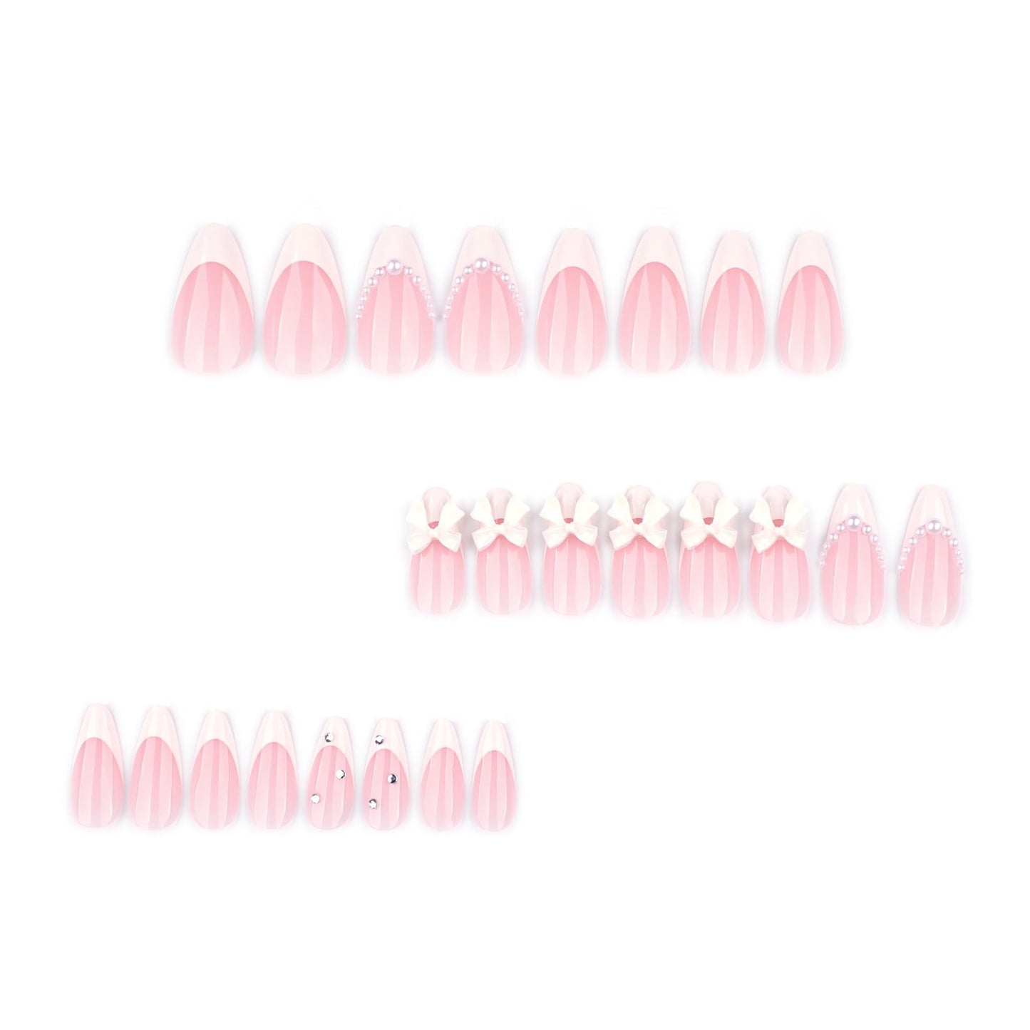 CTTHNBD Press on Nails Almond - White French Tip Fake Nails with Bow Pearl Desgin - Medium False Nails Press ons - for Women 24 Pcs