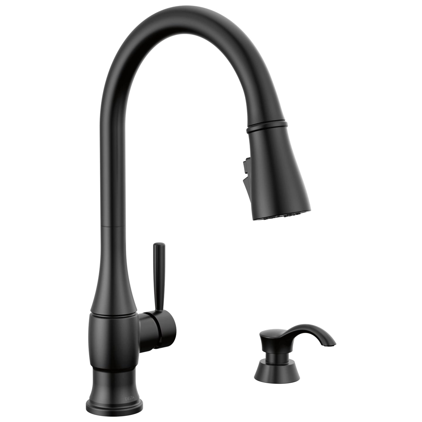 Delta Hazelwood Matte Black Kitchen Faucet with Pull Down Sprayer and Soap Dispenser, Modern Single Hole Kitchen Sink Faucet, Single Handle, Matte Black 19831Z-BLSD-DST