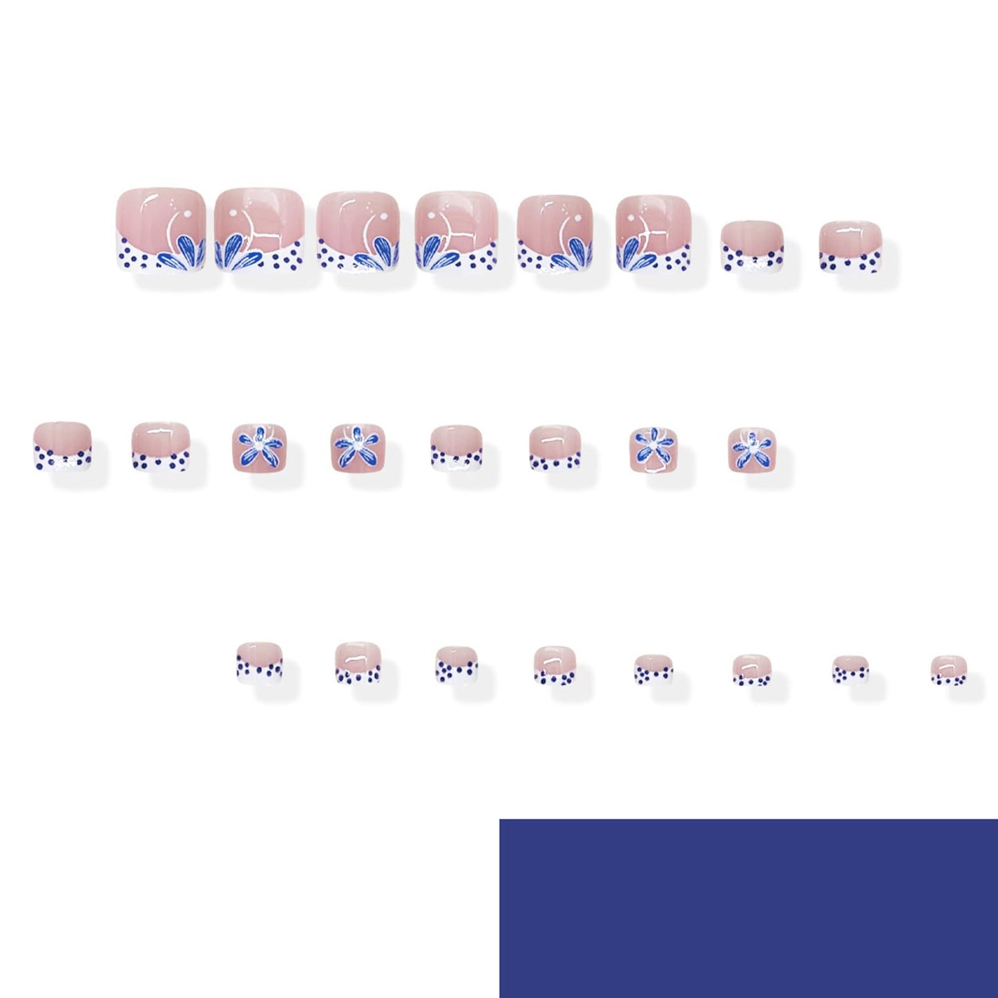 Polka Dot French Tip Press on Toenails Short Square Fake Toenails Blue Flower Toe Nail Press ons Reusable Acrylic Stick on Toes Summer Nails for Women Daily Vacation Manicure 24Pcs