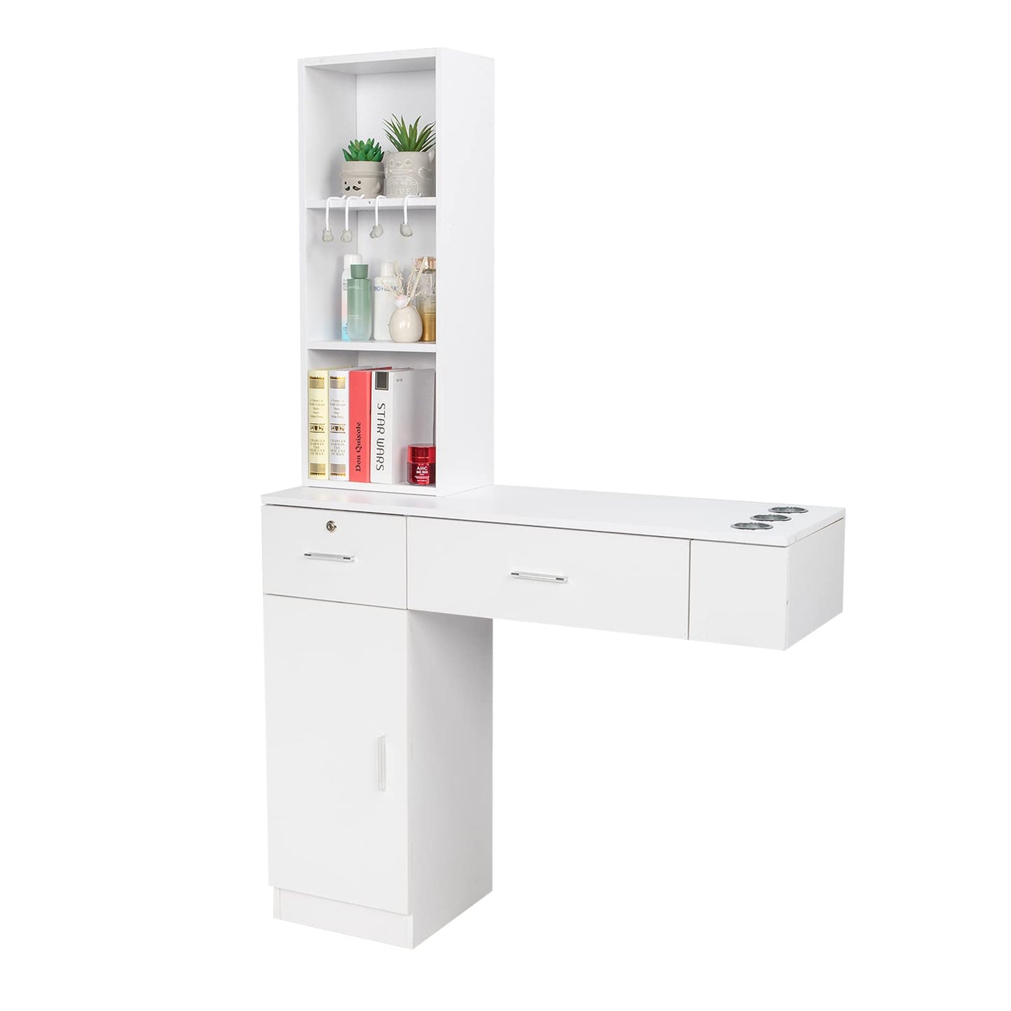 OmySalon Wall Mount Barber Stations, Salon Stations for Hair Stylist, Hair Styling Equipement Set with a Storage Cabinet, 2 Drawers and a 3 Tier Shelf (White)