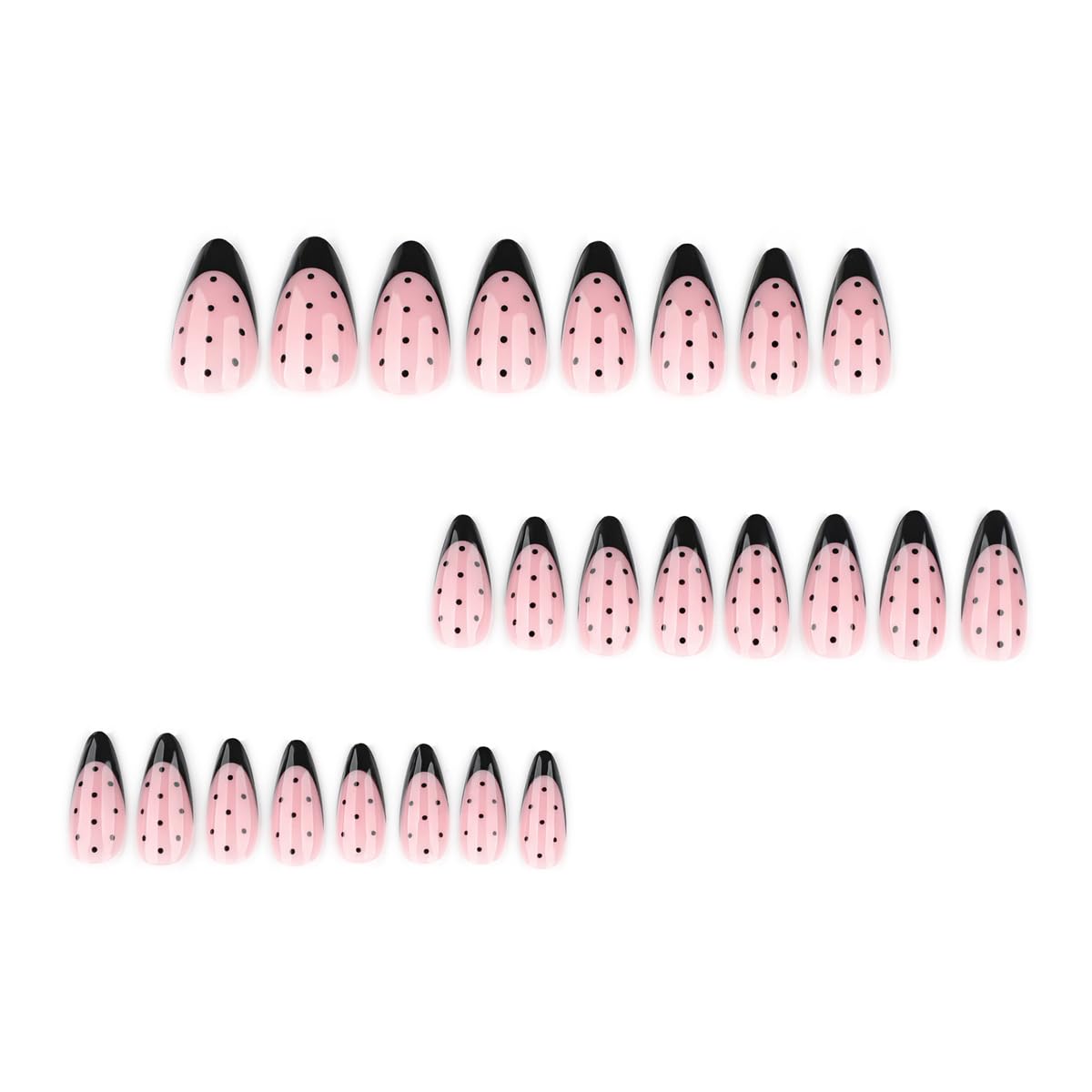 Black Fench Tip Press on Nails Medium Almond Fake Nails Cute Polka Dot Nails Press ons with Design Reusable Artificial Nail Full Cover Stick on Nails for Women Manicure 24Pcs