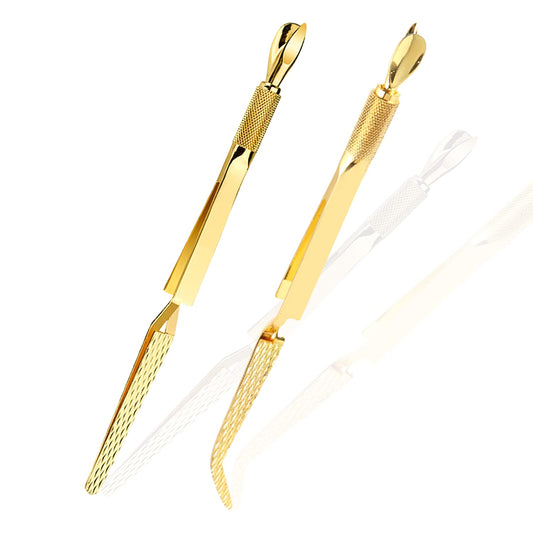 SILPECWEE 2Pcs Nail Pinching Tool C Curve Nail Extension Clips Metal Cuticle Pusher Nail Scraper Gel Nail Polish Remover False Nails Shaping Tweezers Multi-Function Manicure Tools (Gold)