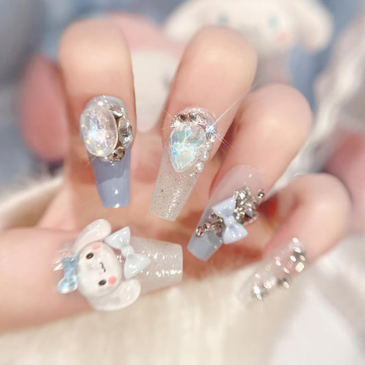 Tezocr Long Coffin Press on Nails 24pcs Cute Fake Nails with Gems Charms Cartoon Acrylic Nails Full Cover False Nails for Women DIY Manicure Party Nail Decoration