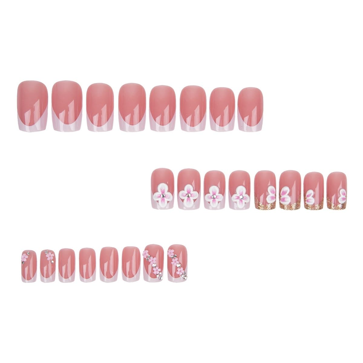 Medium Press on Nails Square - White French Tip Fake Nails with Flower Design - Floral Charms False Nails Press ons - for Women Manicure 24Pcs