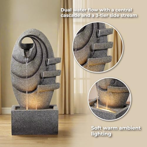 Teamson Home Modern Oval Outdoor Water Fountain–LED Light with Adjustable Flow & Electric Pump, Gray