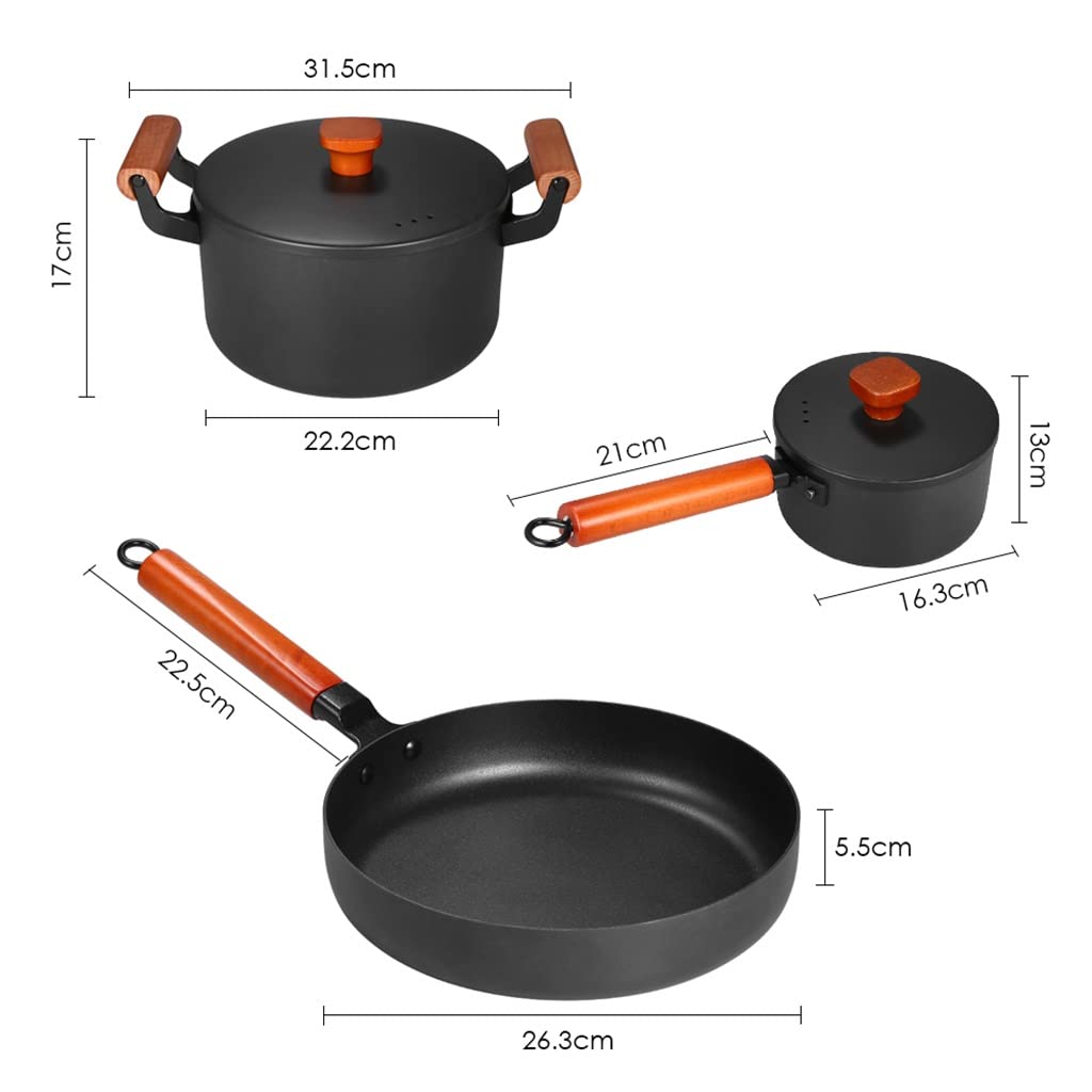 3 Piece Cast Iron Cookware Set Nonstick Iron Pot Soup Milk Frying Pan Kitchen and Pantry Room Cookware (Color : Black, Size Black