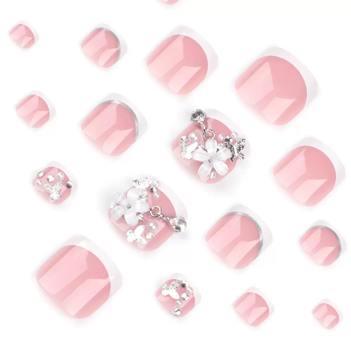 White French Tip Press on Toenails - Short Square Fake Toenails with Flower Design - Rhinestone, Summer Press on Toe Nails - for Women 24 Pcs