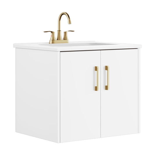 phiestina 24 Inch White Floating Bathroom Vanity, Pre-Assembled Wall-Mounted Cabinet with 2 Soft-Close Doors & 3 Hole Ceramic Sink, No Faucet,BV08-24-WHITE