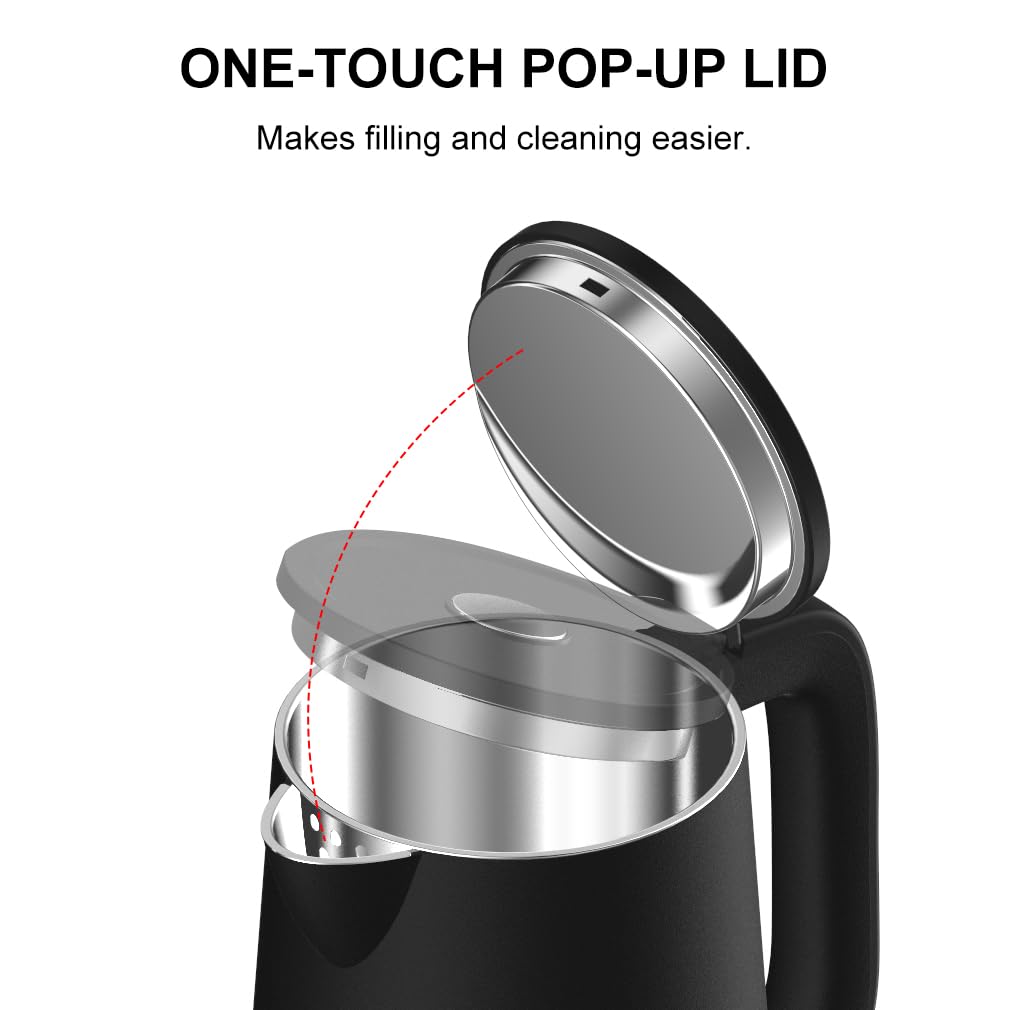 Onlicuf Electric Tea Kettle with Double Wall Cool Touch，1.7L Water Boiler Heater with Temperature Control，Stainless Steel Boiling Teapot, Digital Touch-Screen, Cordless, BPA-Free, Matte Black