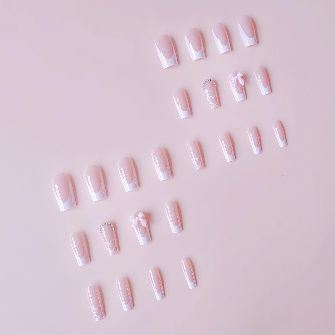 Press on Nails Medium Coffin - Pink Fake Nails with Bow Heart Design - White French Tip False Nails Press ons - for Women 24 Pcs