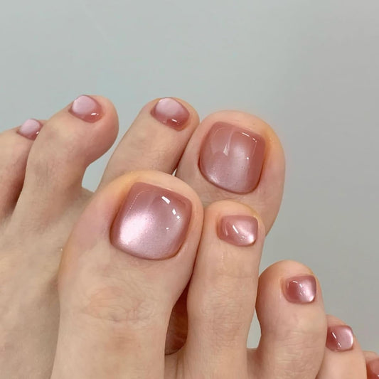 Pink Cat Eye Press on Toenails Glossy Glitter Fake Toe Nails Soft Press Glue On Toenail Full Cover Reusable Shiny Acrylic Toe Nails Cateye Fake Toenails for Women Manicure 24 Pcs