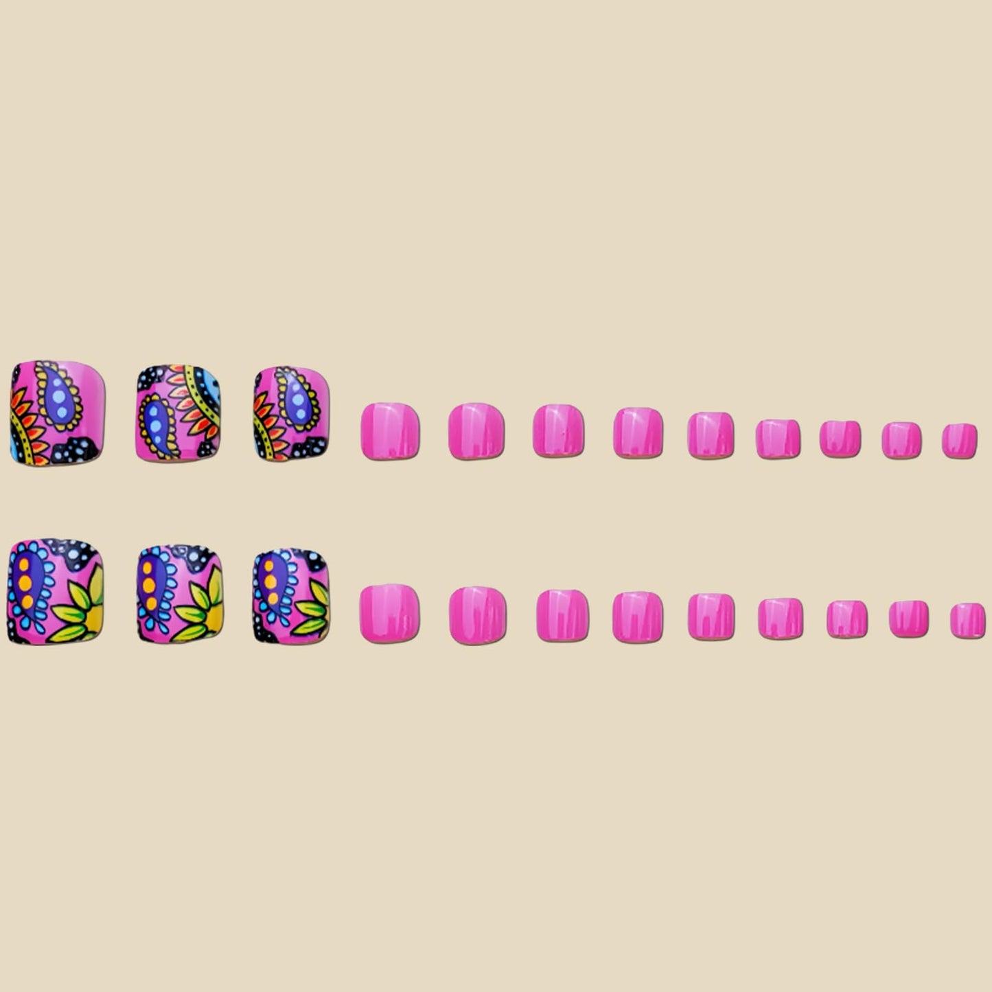 24PCS Hot Pink Press on Toenails Short Square Fake Toenails Summer Toe Press on Nails with Colorful Flower Design Fake Toe Nails Cute Artificial Beach Flower Full Cover Toenail for Women and Girls