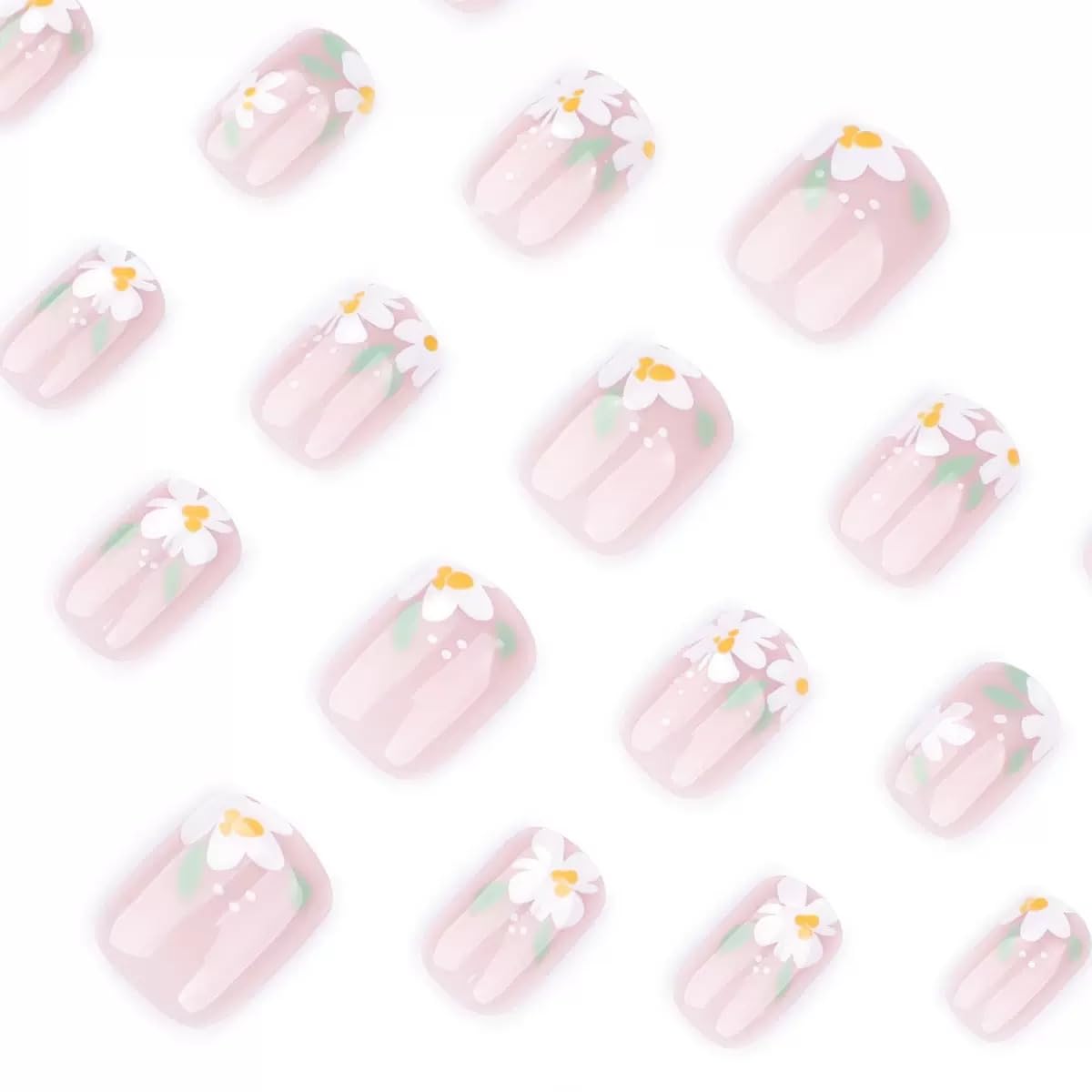 Short Press on Nails Square - Cute Fake Nails with Flower Leaf Design - Spring Full Cover Stick on False Nails for Women - 24 Pcs