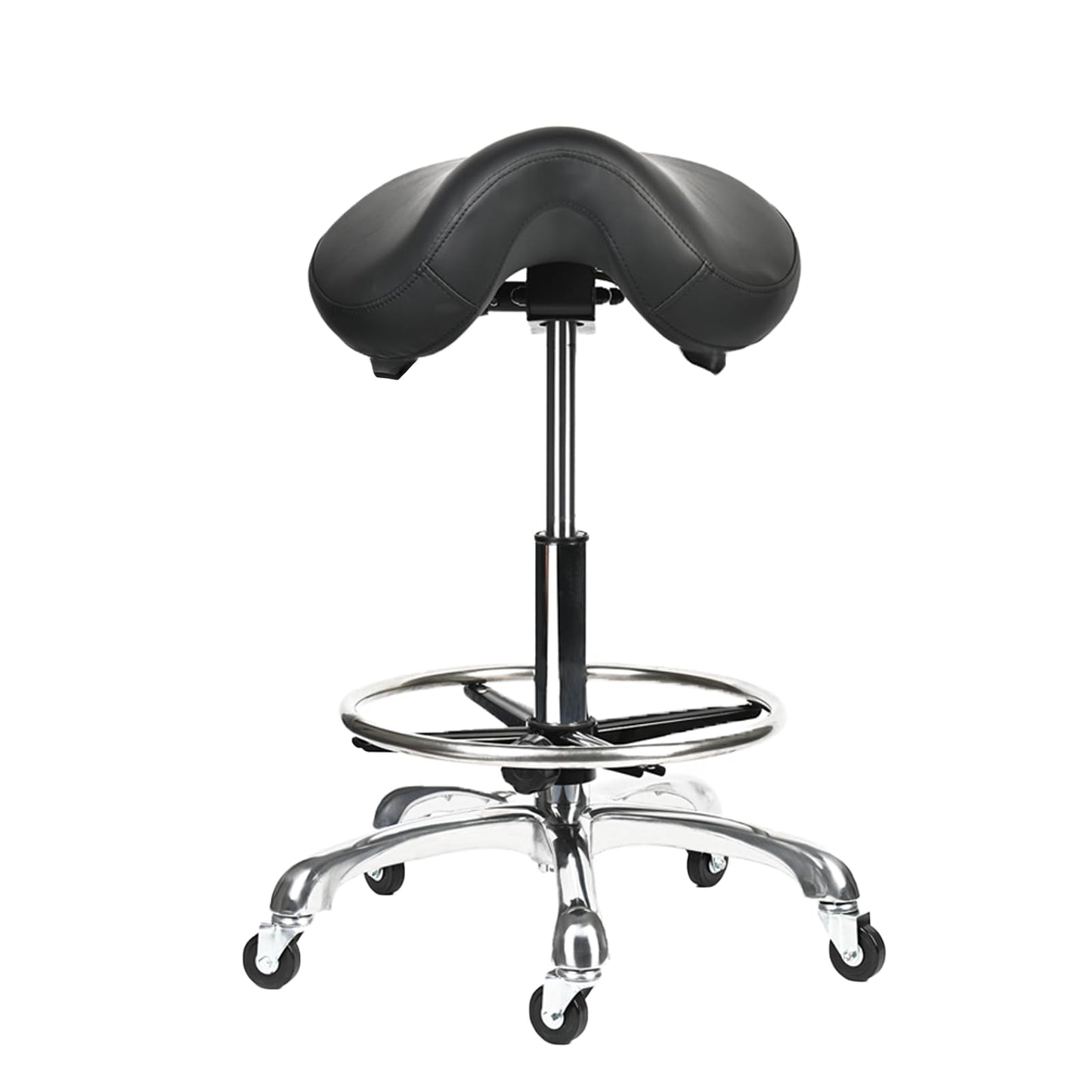 Cadiario Saddle Tilting Stool Rolling Chair with Thicker Seat Swivel Ergonomic Height Adjustable Footrest Wheels for Beauty Spa Salon Dental Medical Clinic Kitchen Home Office Shop Bar Black