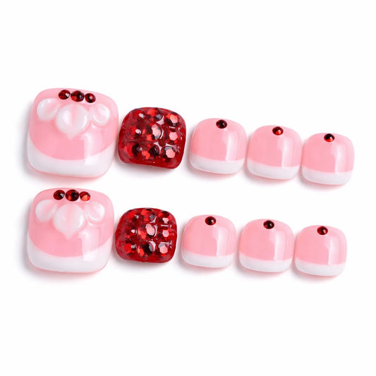 IntoVibes 10 Pieces Handmade Luxury Press On Toenails With Petal And Rde Bling Rhinestones, Full Cover, Press On Nails Stick On Toe Nails For Women Manicure, Acrylic Fake Toe Nails (L)