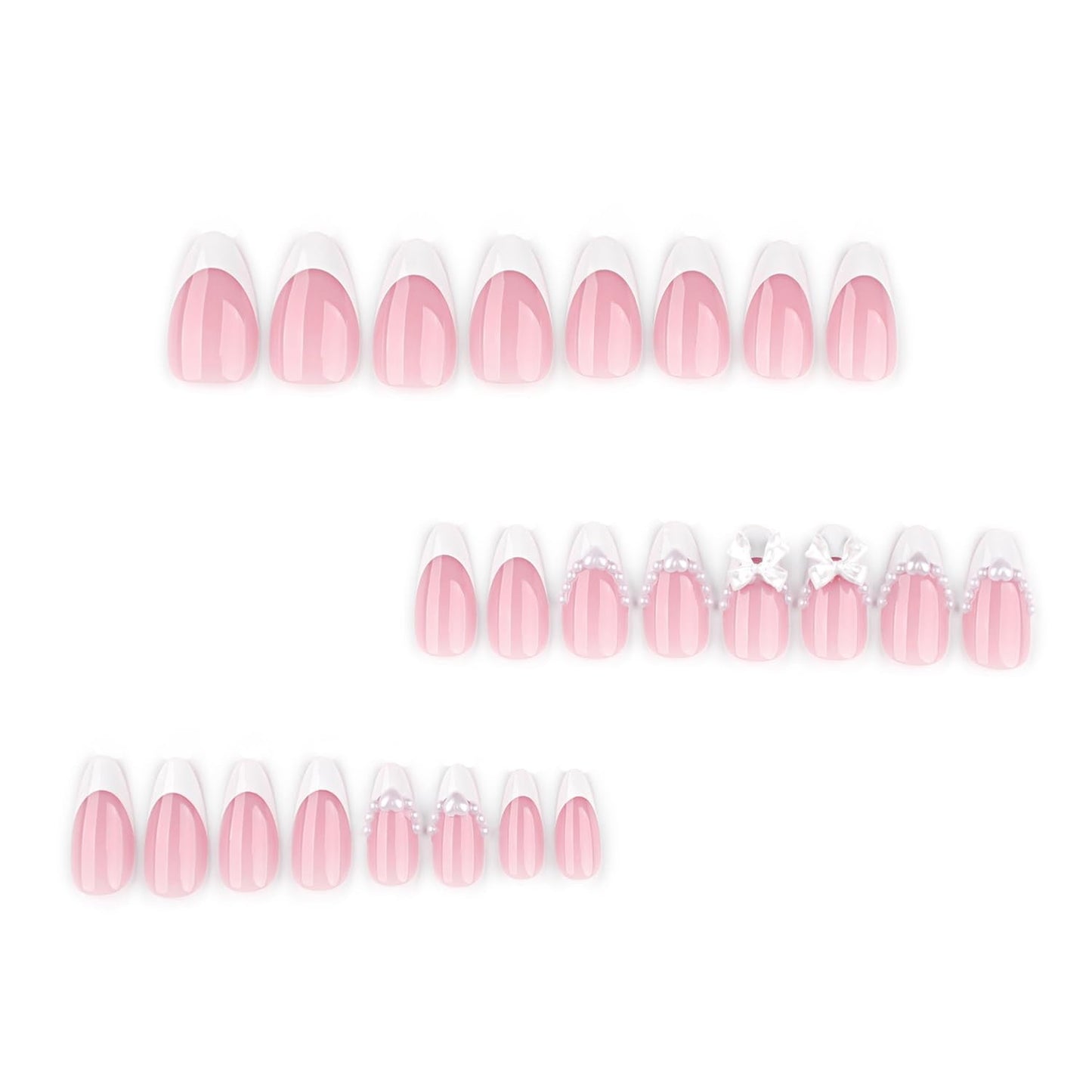 24Pcs White French Tip Press on Nails Medium Fake Nails with Cute Bow Pearl Charms Design,White French Press on Pink Stick on Nail Almond Shaped Acrylic Nail Heart Nails Cute False Nail for Women
