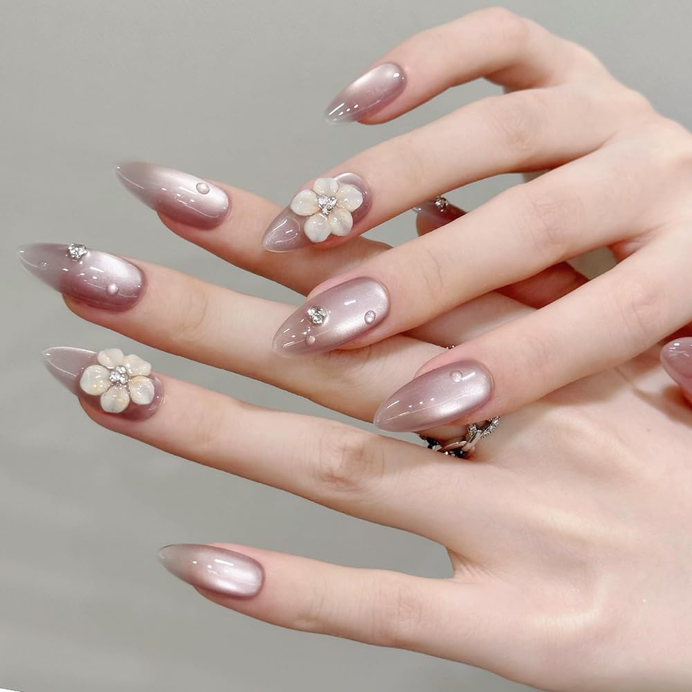 Handmade Press on Nails Almond Cat's Eye Medium Fake Nails with 3D Flower Charm Designs Pink Sparkly Cute Acrylic Nails for Women 10pcs (Size M）