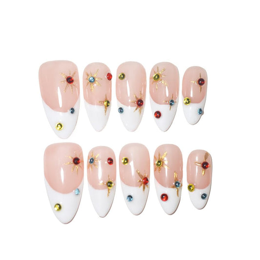 10PCS Luxury Handmade Press On Nails Nude Gradient Cat's Eye with Pearl Bow & Sparkling Rhinestones for Wedding & Party Reusable Almond Fake Nails Design Gift For Women and Girls (L05, M)