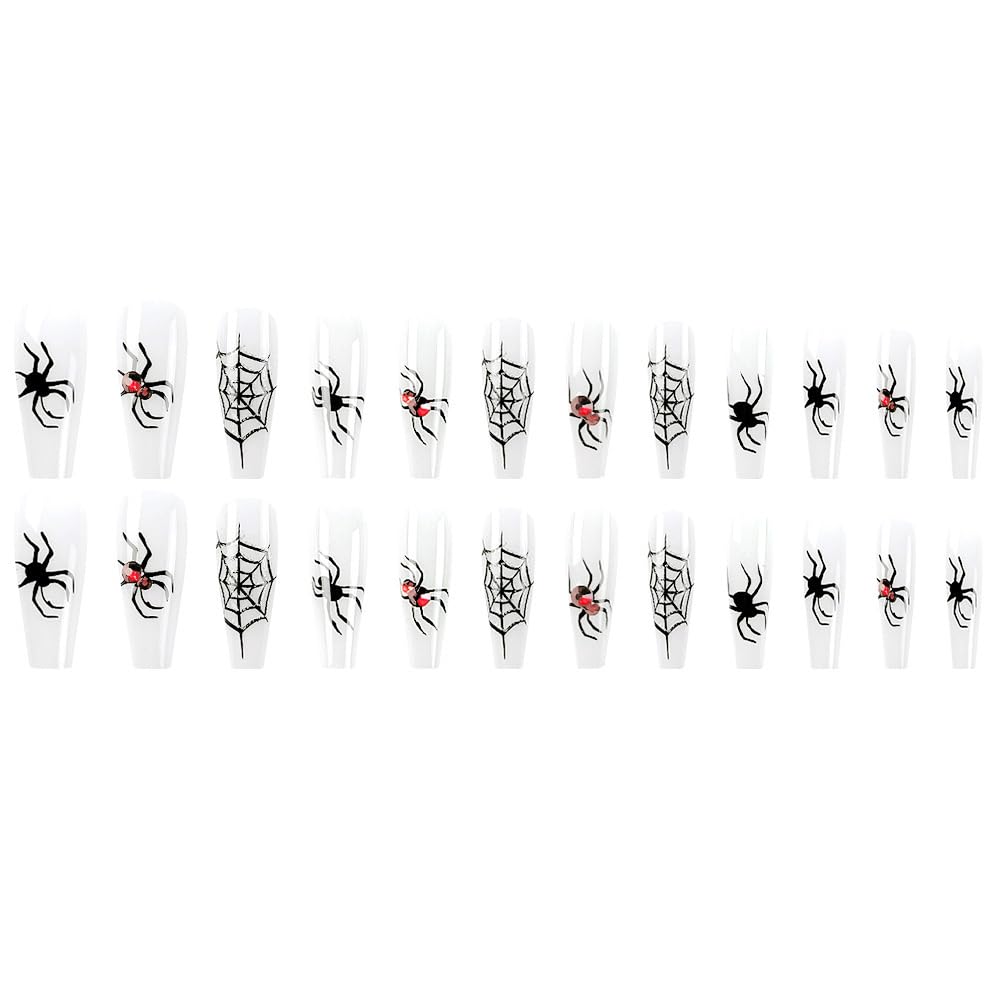 Halloween Press on Nails Long Square Fake Nails White False Nails with Design Spider Web Red Diamond Stick on Nails Coffin Acrylic Press ons for Women Girls Manicure 24 Pcs