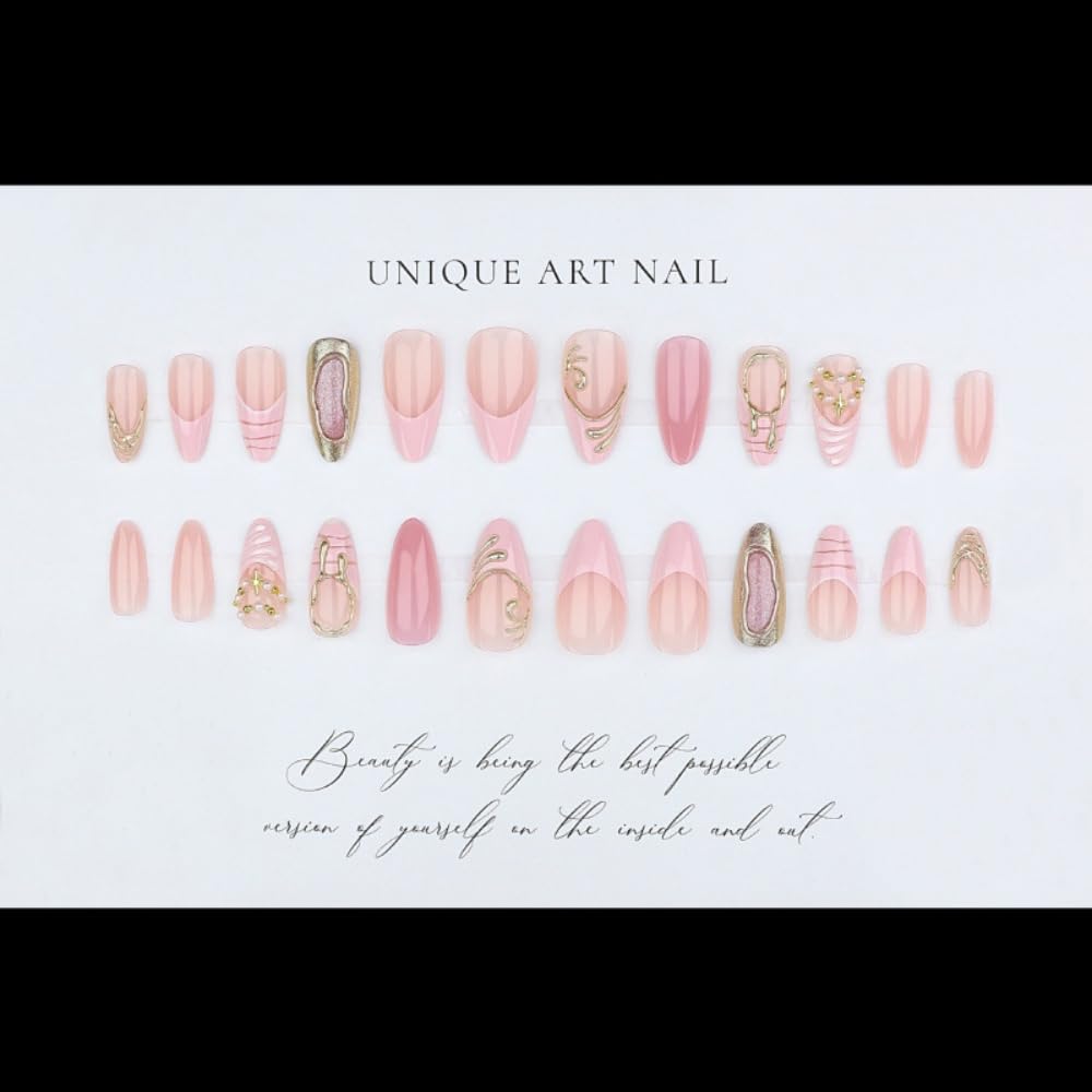 Almond Press on Nails Medium Glue on Nail with 5D Gold Lines Design Pink Glitter Acrylic Nails Glossy Pink French Tips Fake Nails Spring Summer Star Pearl Nail Press on for Women Manicure 24Pcs