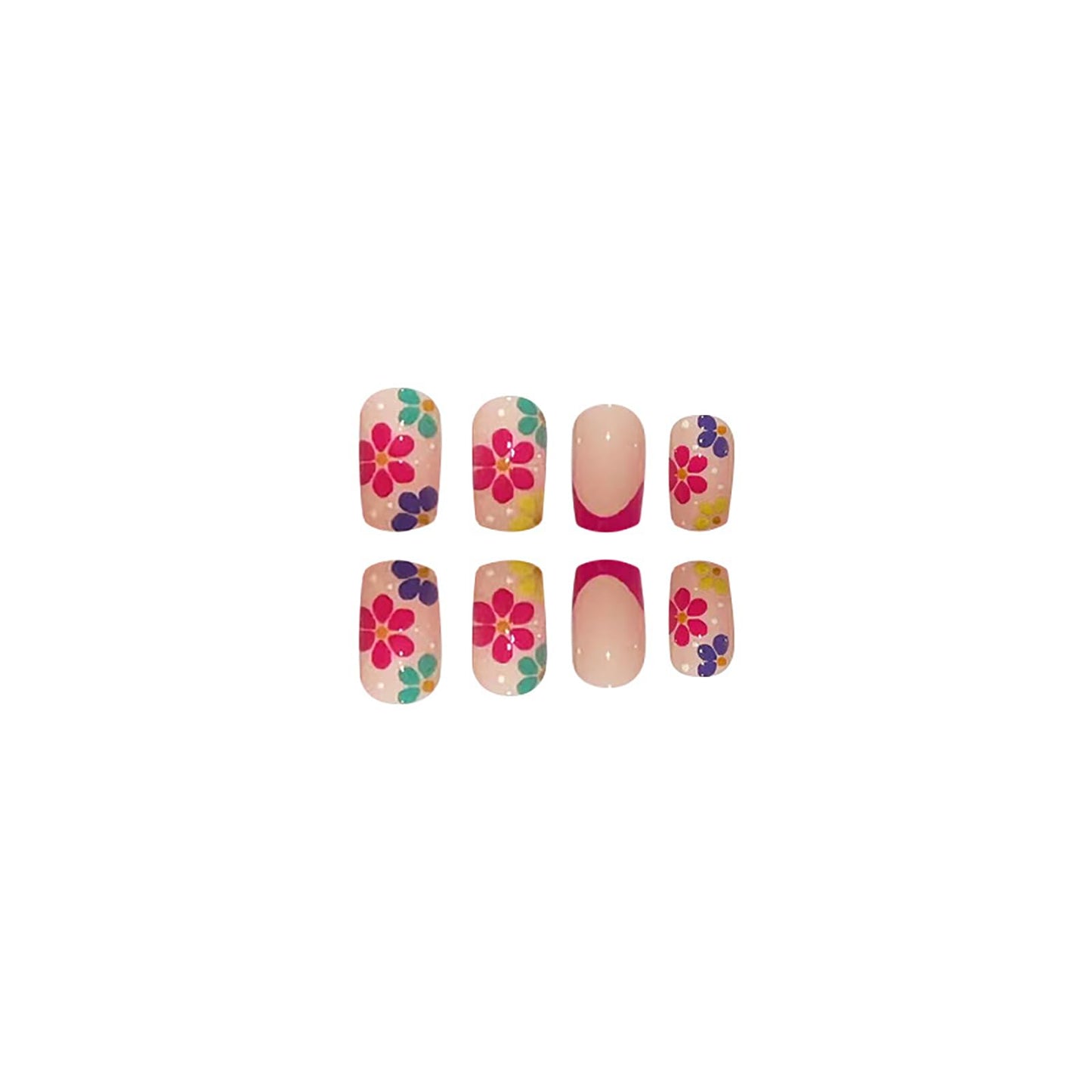 RTKHFZE French Tips Short Press on Nails Square Fake Nails with Flower Stereoscopic Embossed Design,Glossy Nude False Nails Full Cover Artificial Acrylic Nails Stick on Nail for Women Girls 24Pcs