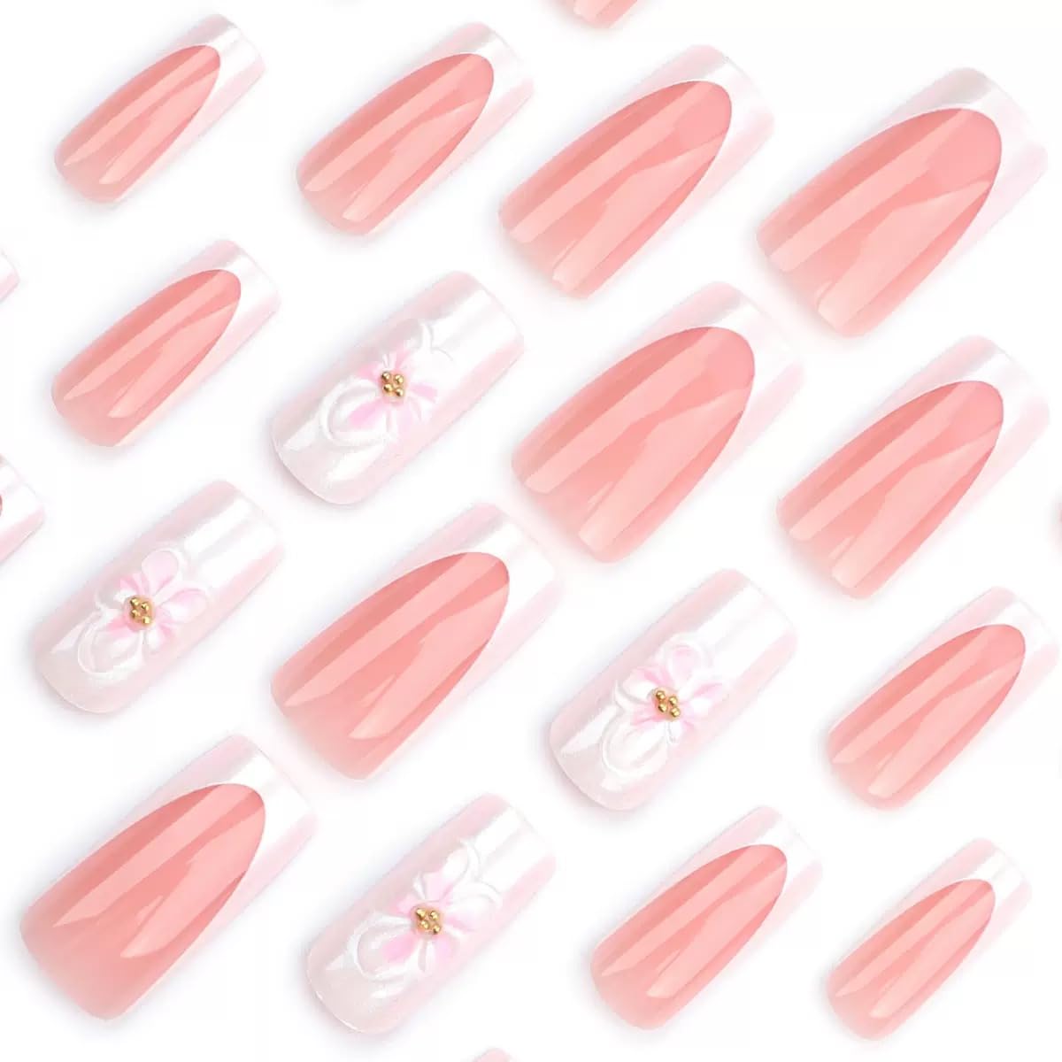 CTTHNBD Square Press on Nails - White French Tip Fake Nails with Flower Design - Ombre, Medium False Nails Press ons - for Women 24 Pcs