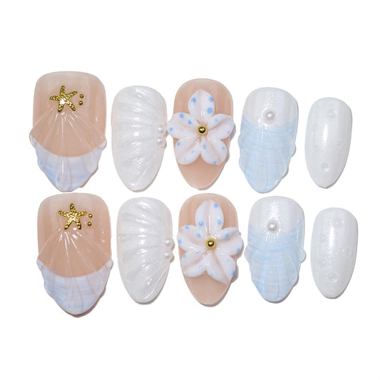 10 Short Almond Handmade Press On Nails | French design with 3D Floral and Seashell | Skip Salon Trips, Easy to Apply & Remove, Reusable (251208, S)