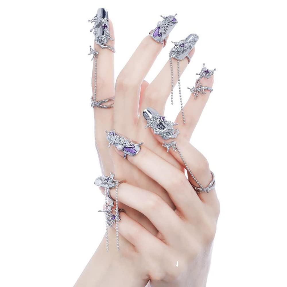ZCLYHT 5Pcs Women Finger Tip Nail Rings, Purple, Metal, Edge, Half Well Tips, Art Deco, Set of 5