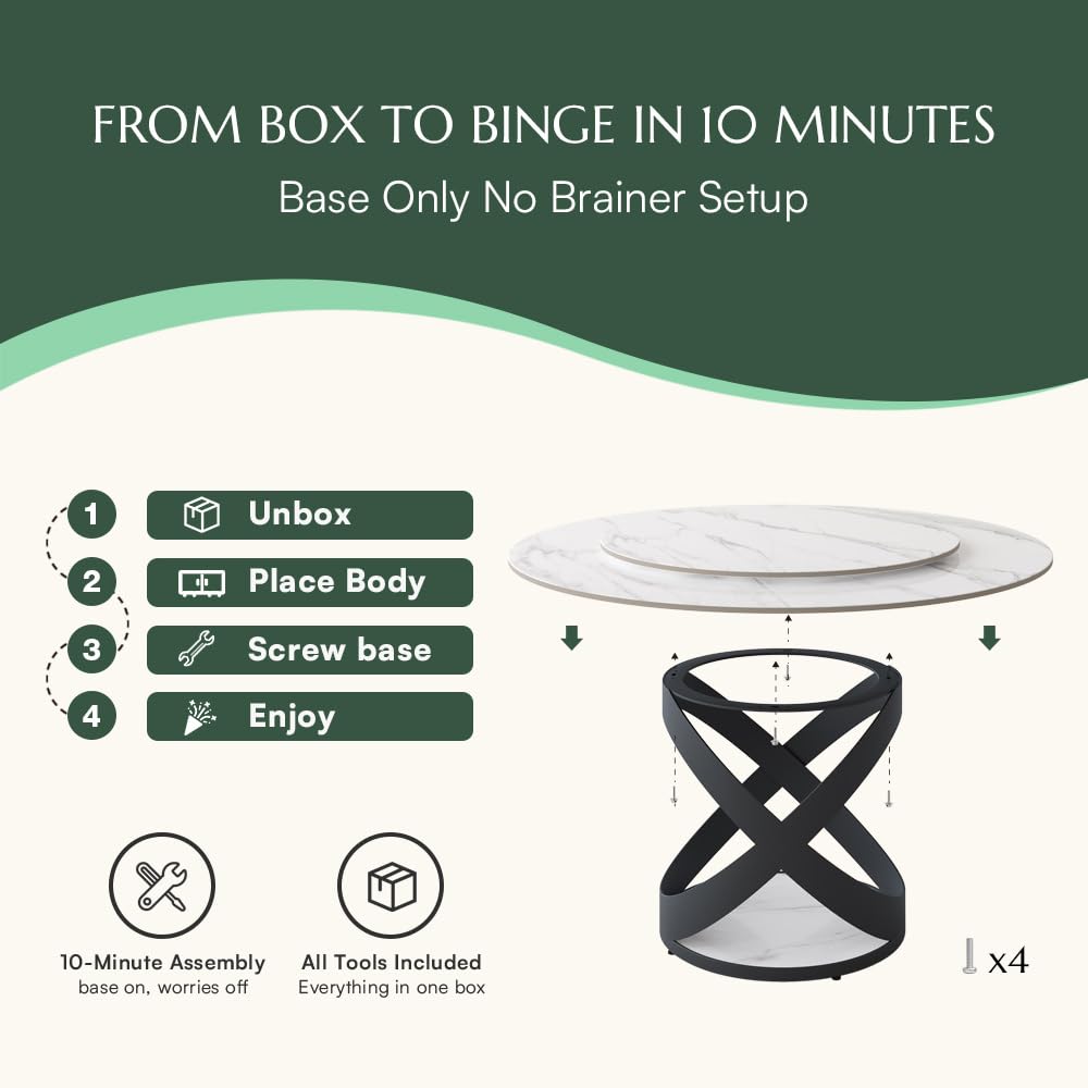 POVISON 59" Modern Dining Table, Glossy White Round Dining Table for 6 Built in Lazy Susan, Sintered Stone Dining Tabletop with Black X Carbon Steel Base (Table Only)