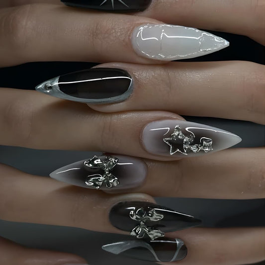 Press on Nails Medium Almond Black Ombre Fake Nails Stars Bow Charm False Nails with Designs Full Cover Dark Styles Acrylic Nails Glossy Glue on Nails Manicure Artificial Nails for Women Girls 24Pcs