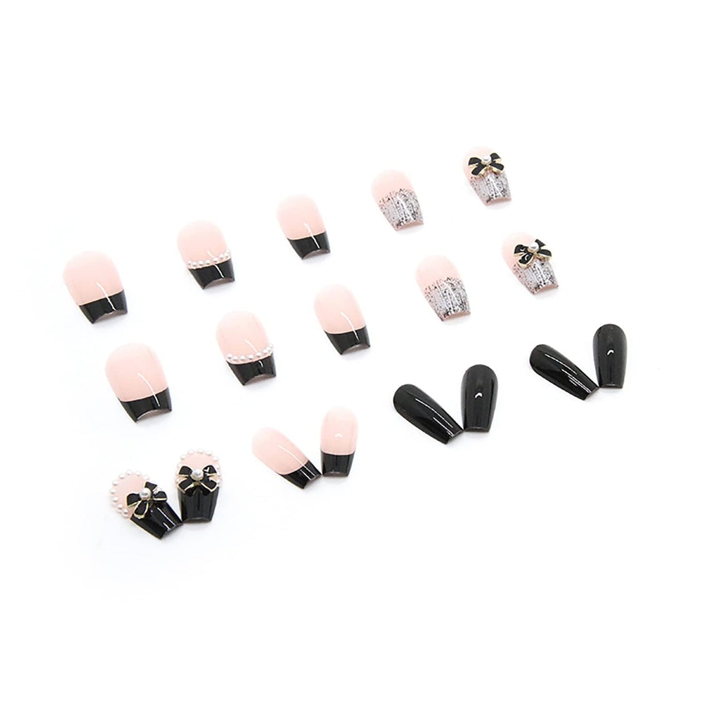 YKZFUI 24Pcs Press on Nails Medium Length Fake Nails with Black Bow Pearl Designs,Artificial Acrylic Full Cover Reusable Coffin False Nails, Women Glue on Nails Set,Stick on Nails for Nail Art