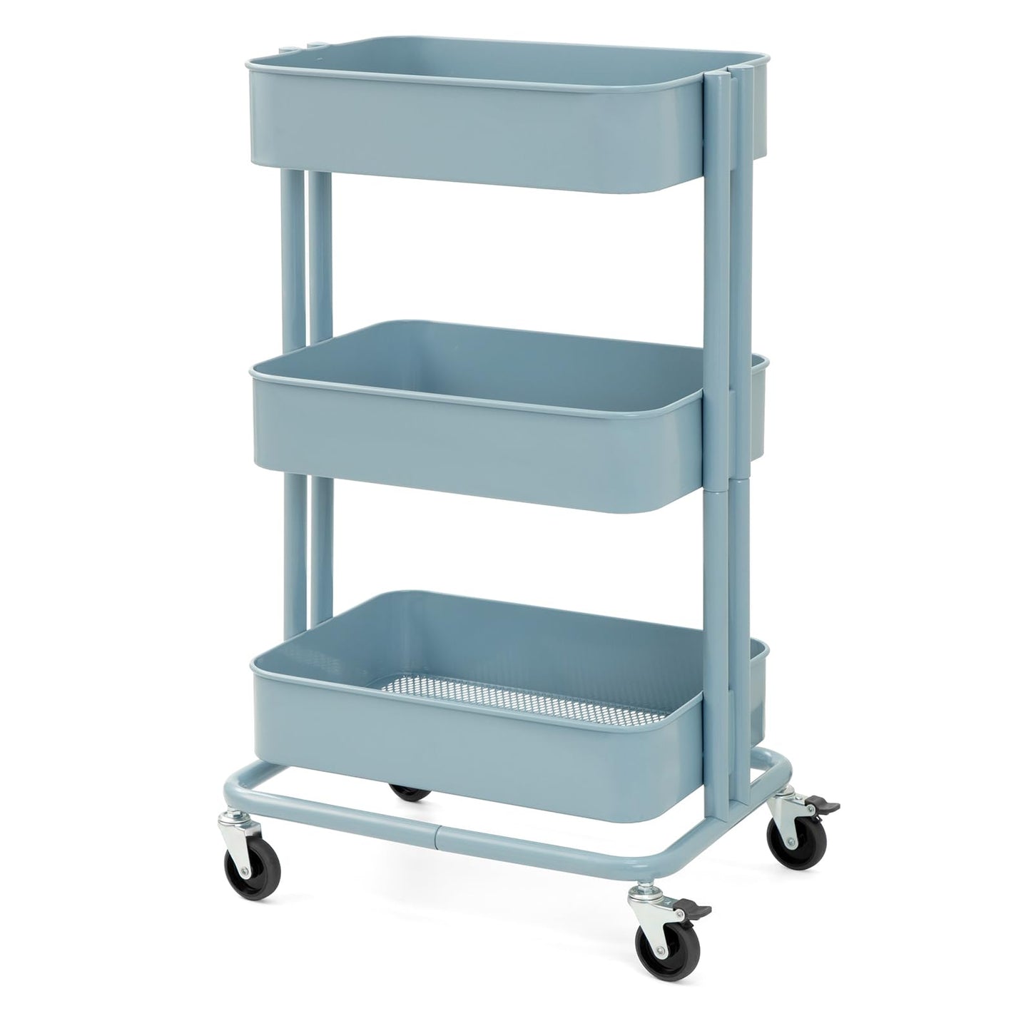 CARTTECH 3 Tier Rolling Cart Metal Heavy Duty Utility Cart with Silent Caster Lockable Wheels Multi-Functional Organization Carts Storage Trolley with Mesh Shelves for Office Kitchen Living Room Blue