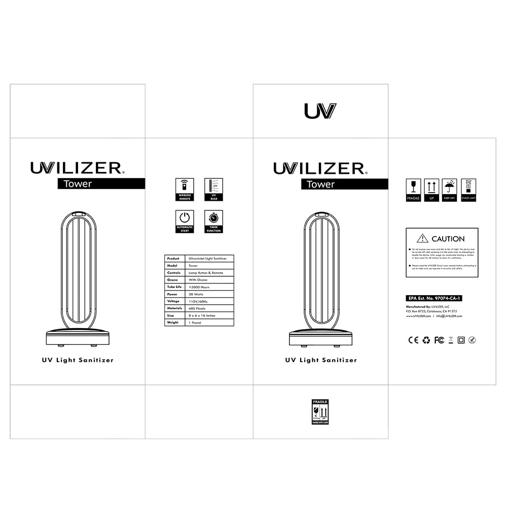 UVILIZER Tower - UV Light Sanitizer & Ultraviolet Lamp with Remote Control (UV-C Cleaner for Home, Room, Office | 38W UVC Disinfection Bulb | Kill Germs, Bacteria, Virus, Dust | USA)