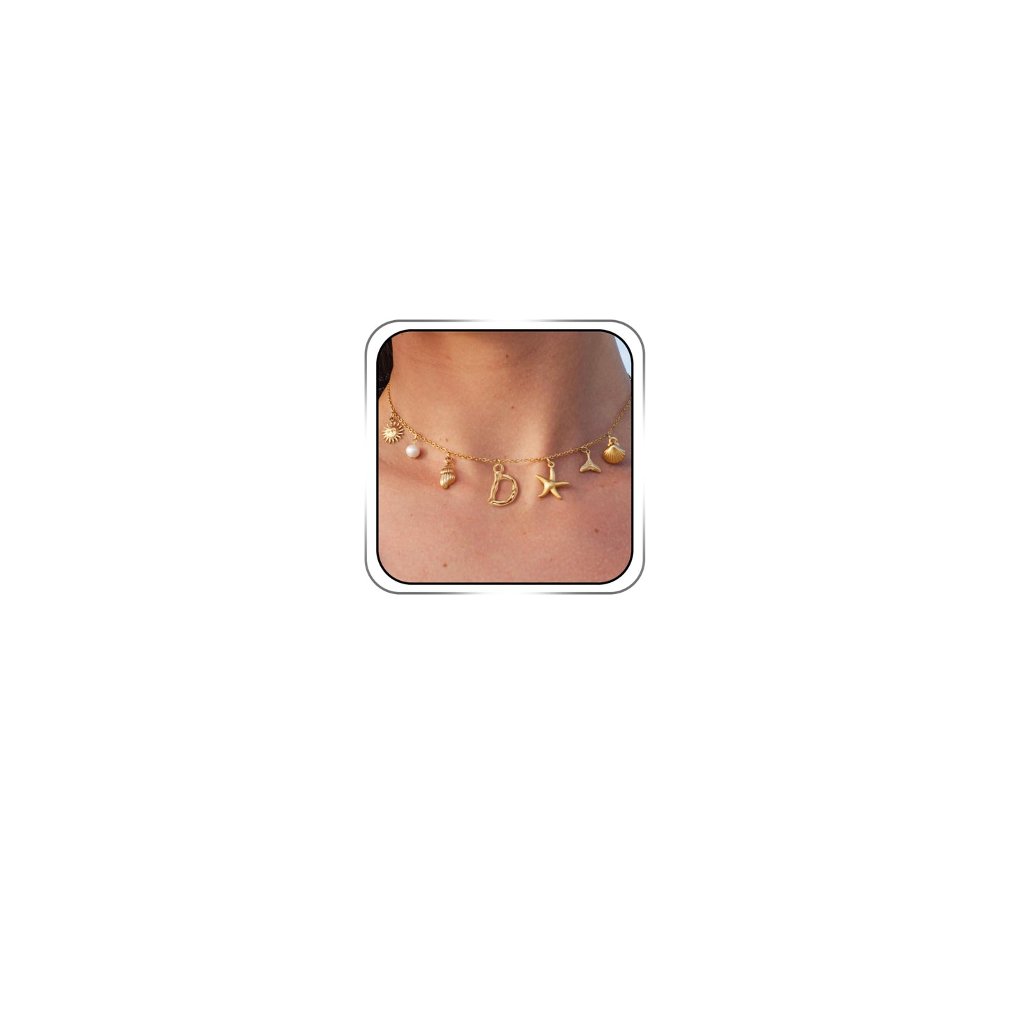JALZEMPL Initial Charm Necklace For Women Shell Seashell Summer Beach Letter 14K Gold Plated Pendant Starfish Surfer Boho Jewelry Gifts (D)