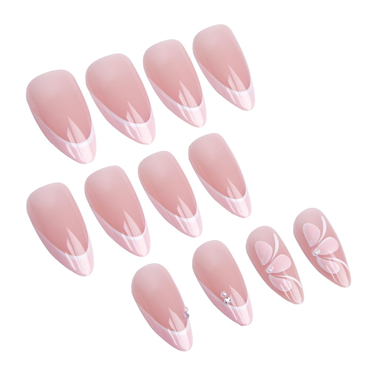 Pink French Tip Press on Nails - Medium Almond Nude Fake Nails with Flower & Pearl Design, Glossy Spring Summer Stick on Nails for Women Manicure, Glossy Finish | 12 Sizes - 24 Pcs