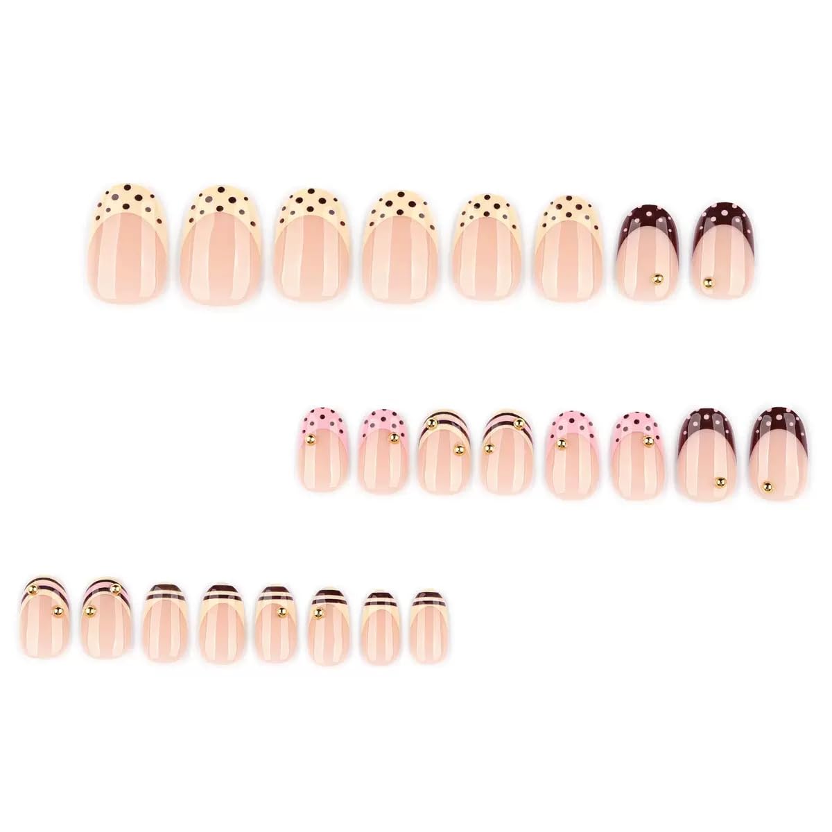 CTTHNBD Short Press on Nails - French Tip Fake Nails with Polka Dot Design - Round False Nails Press ons - for Women 24 Pcs
