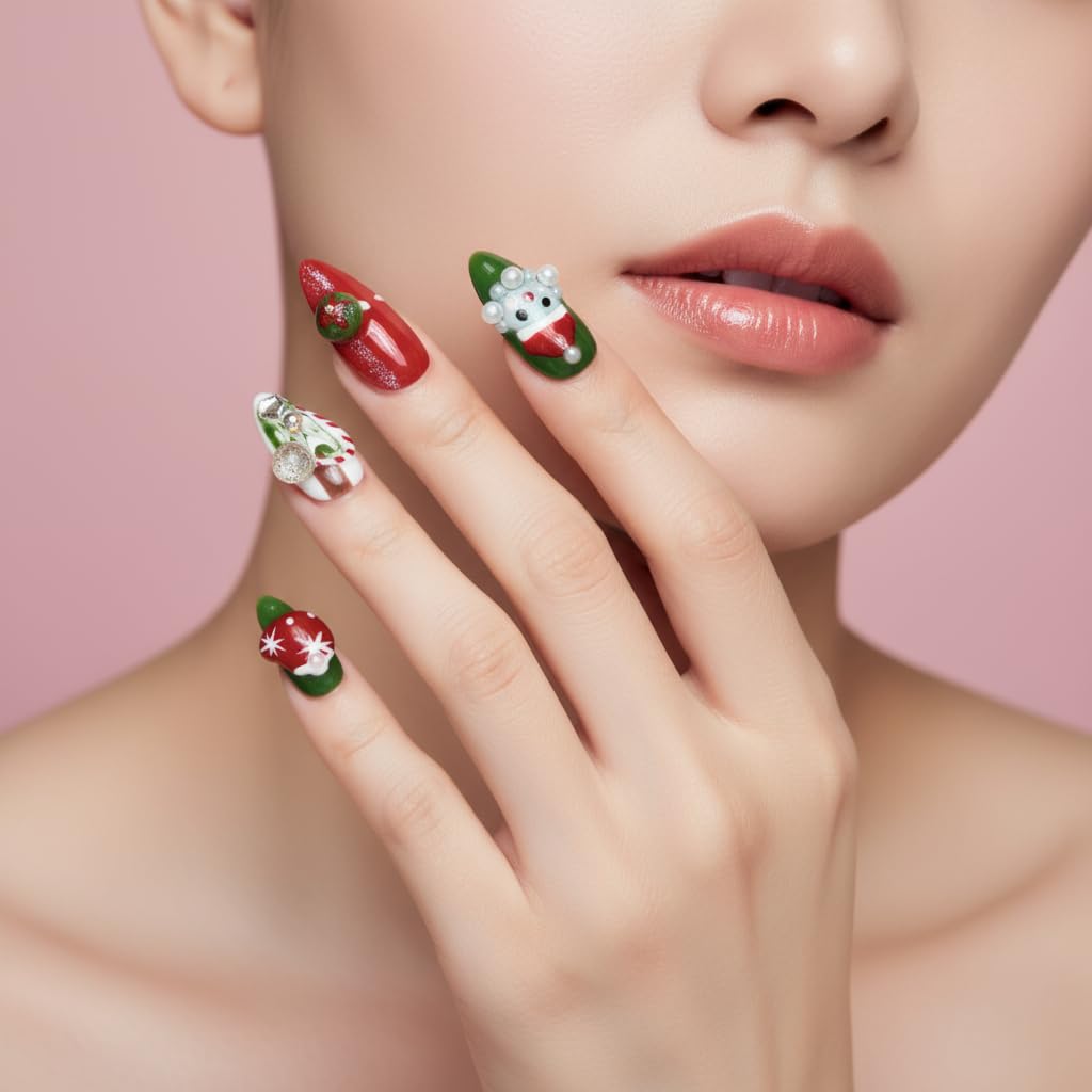 Avilux Press On Nails – Handmade, Reusable, 3D Designer Nail Art, 10Pcs Fake Nails for Women and Girls, Perfect for Holidays, Parties & Gifts (Merry Christmas Party, Small)