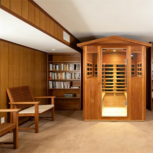 Kanlanth Outdoor Sauna 4 Person Low EMF Far Infrared Sauna for Home, 2050W Mahogany Wooden Sauna Room for Outdoor Indoor Home, with Blue-Tooth, LCD, LED