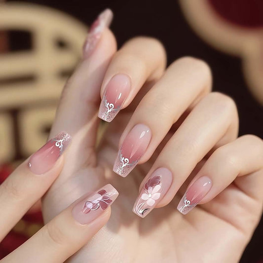 RikView Pink Press on Nails Long Fake Nails Coffin Nails with Chinese Style Glossy Full Cover Nails for Women 24 PCs/Set