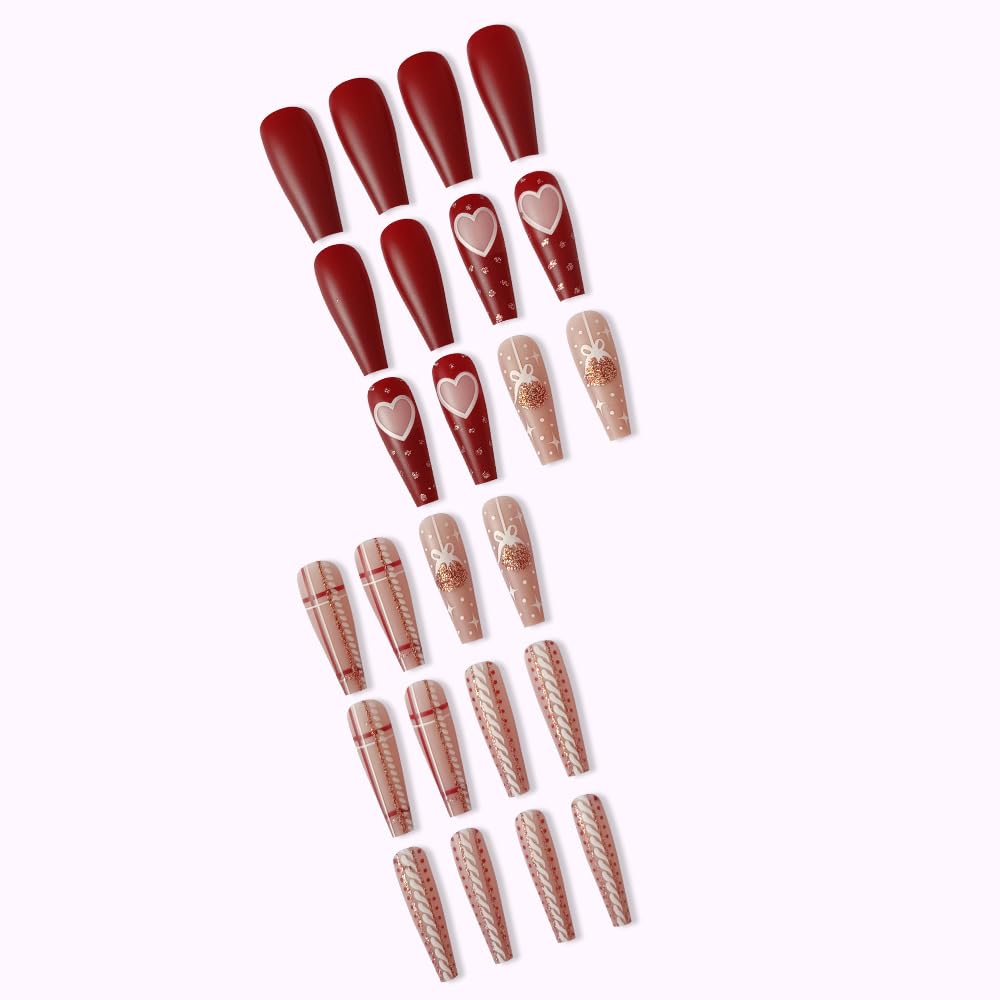 Christmas Bell Heart Stripe Glitter Nails - Red Coffin Design, Full Cover Square Artificial False Nails - 24 Pcs Winter Xmas Press On Nails for Women & Girls Manicure